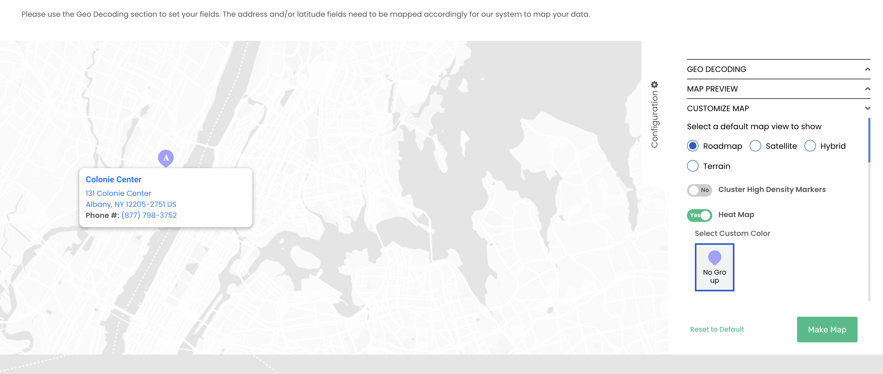 Screenshot of the heat map generator Configuration section of the Mapize map-making tool.