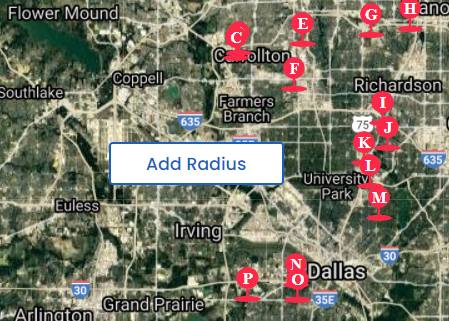 A map created by Mapize with a button that says Add Radius.