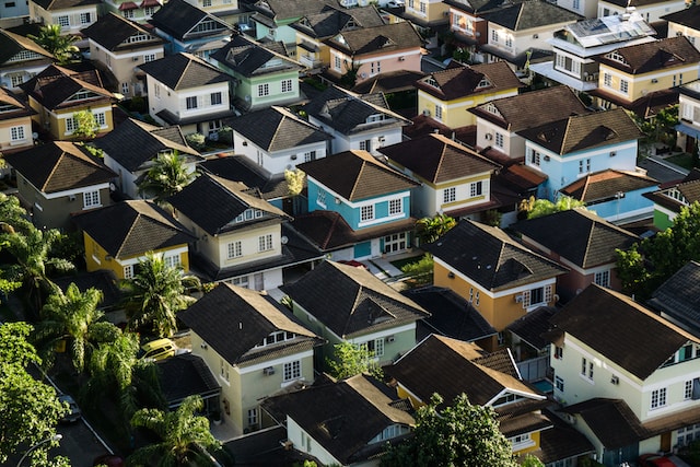 An aerial view of residential apartments.