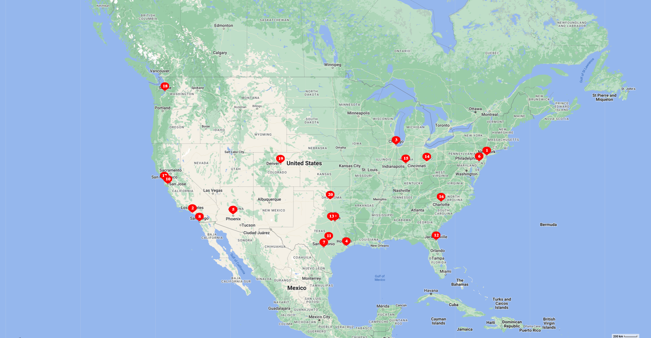 Map of multiple coordinates by Mapize showing red pins of major US landmarks.