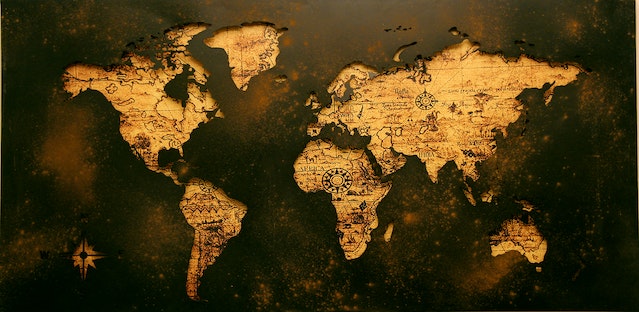 The world map showing the coordinates of certain locations.