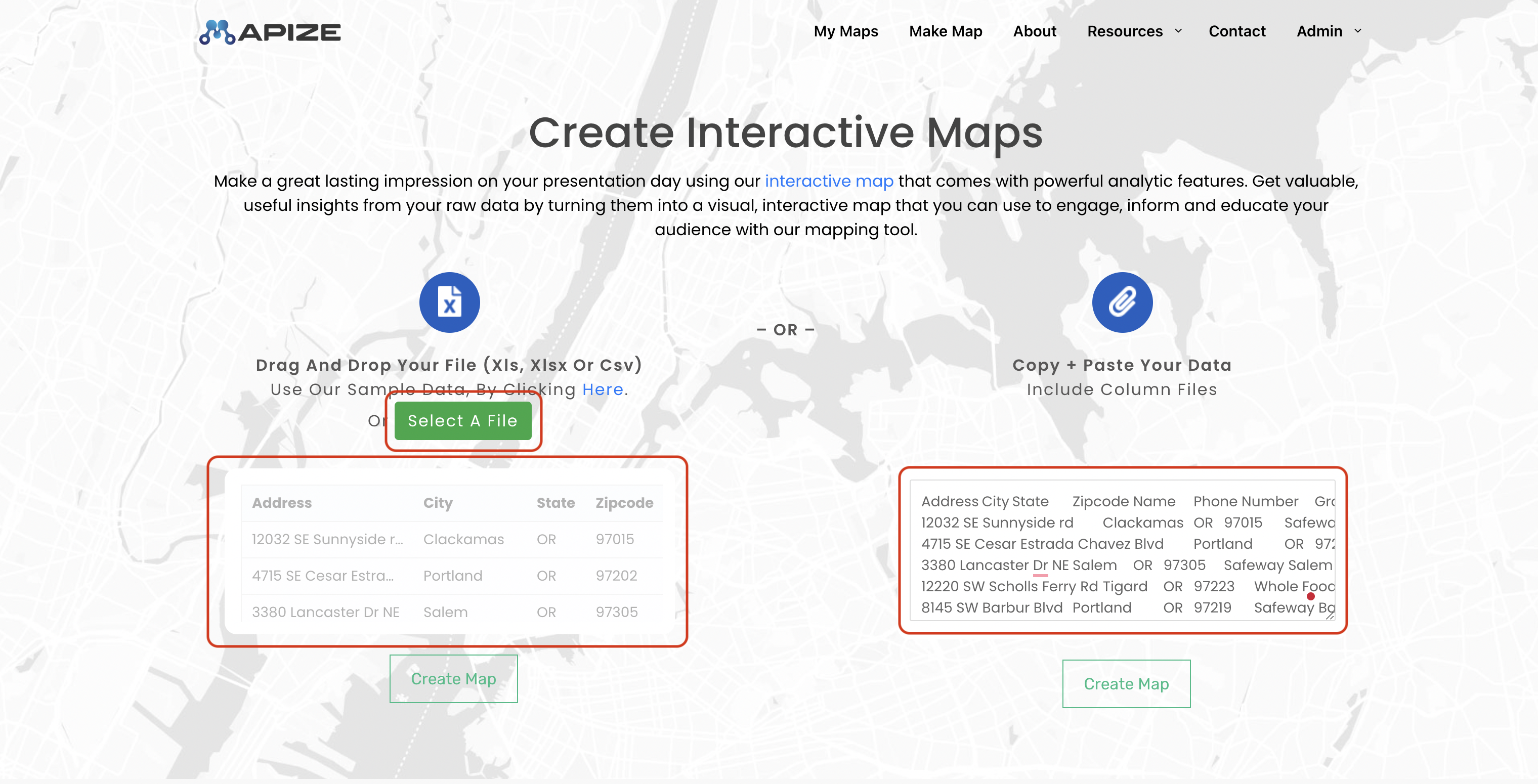 Screenshot of the Mapize mapping tool highlighting the three ways to input your spreadsheet data to create a map.