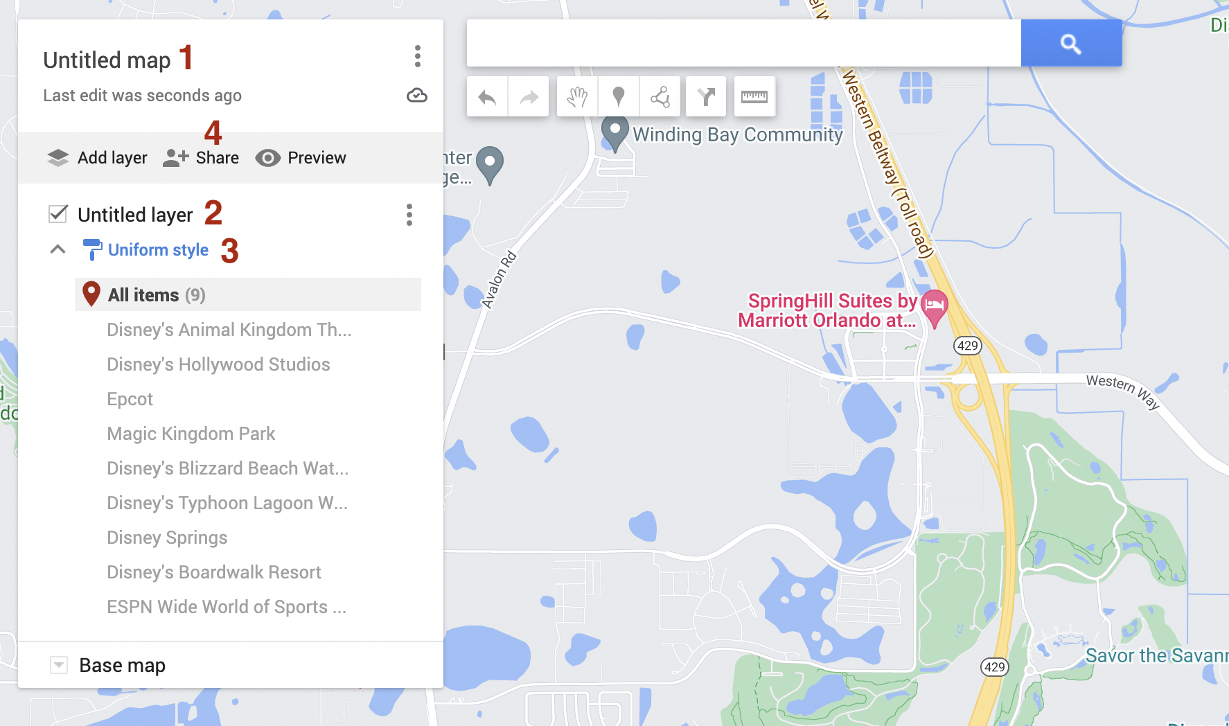 Screenshot of Google My Maps window with red numbers labeling final steps to create a custom Google Map.