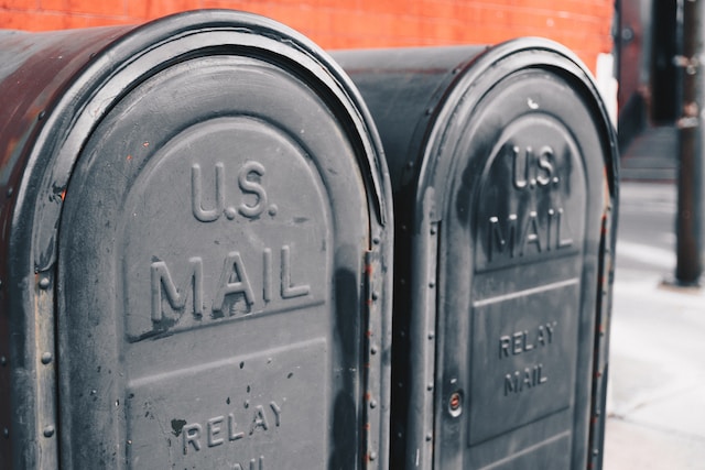 A close-up image of mailboxes in the United States. 