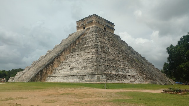 View of an ancient stone pyramid at Chichen Itza in Mexico.