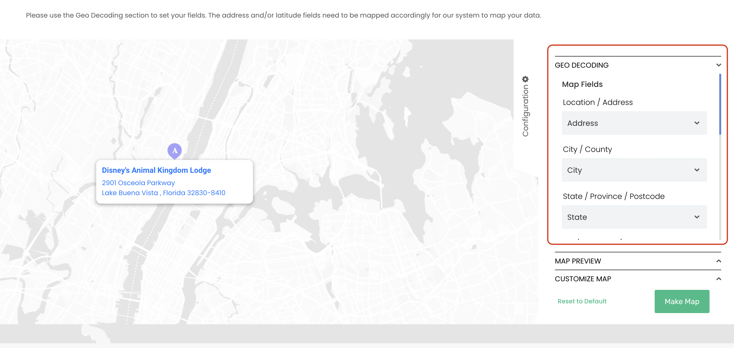 A screenshot showing the Mapize configuration screen and highlighting the geo decoding fields.