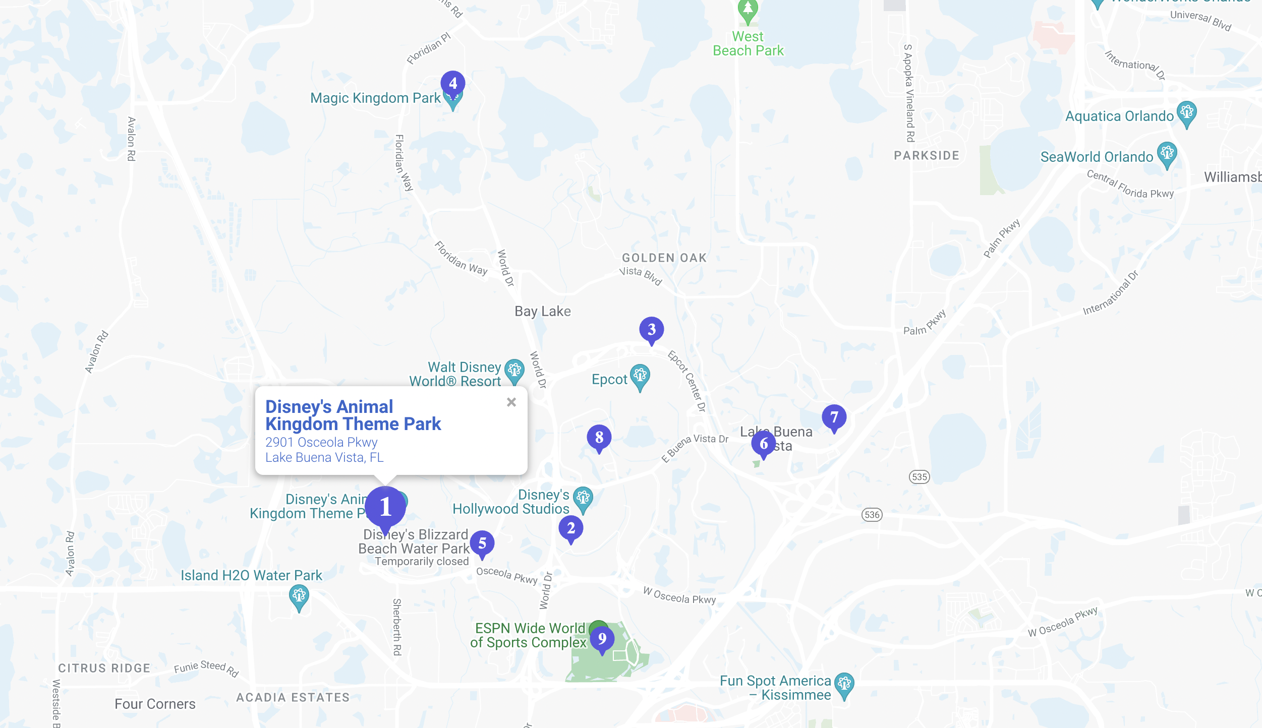 Example of a map with multiple locations featuring purple pins of Disney World Parks locations created by Mapize.