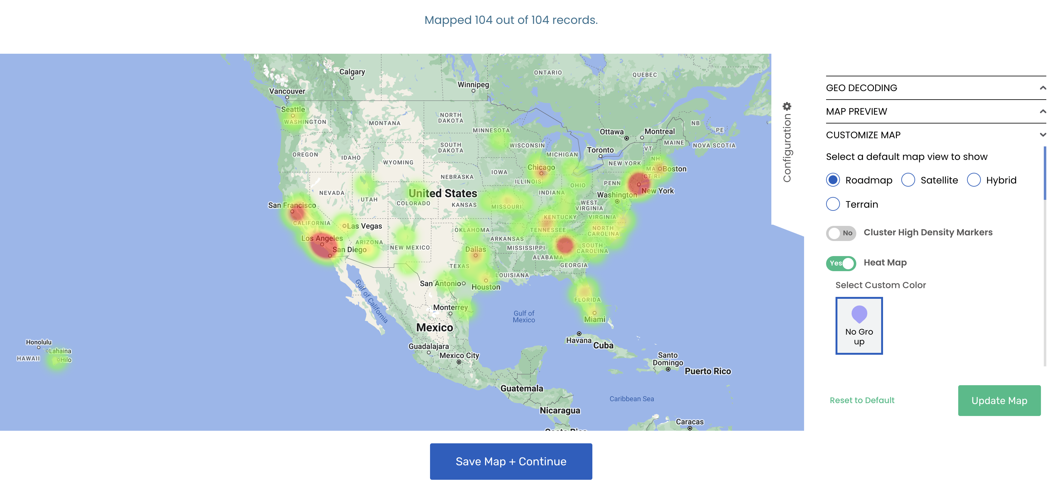 Screenshot of Mapize's Customize Map fields after turning on the heat map toggle and clicking the Update Map button.