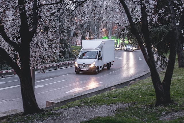 A delivery bus en-route to make a delivery