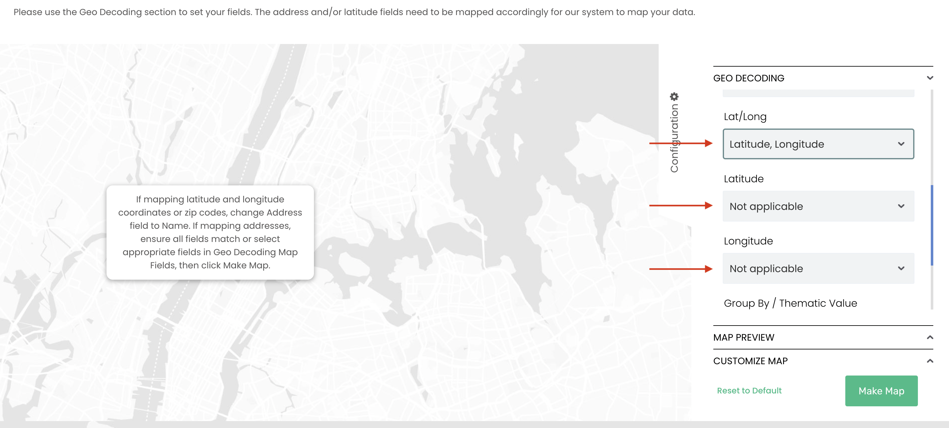 Screenshot of Mapize Geo Decoding fields with arrows highlighting where to adjust lat/long coordinates.
