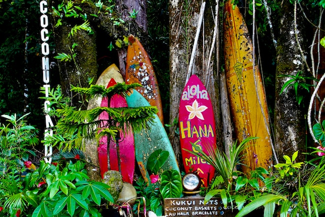 Surfboard leaning against a tree with a painted sign saying “Hana 6 miles.” 