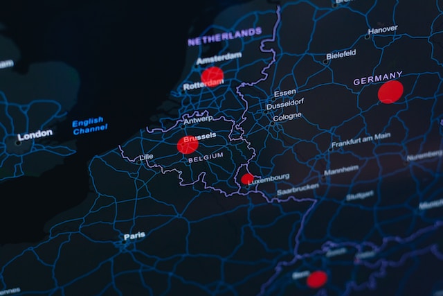 A company using a custom map with several pins to plan a delivery route across multiple countries.
