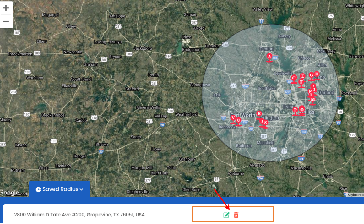 Mapize map with a radius circle example that has a red arrow pointed at the edit and delete icons.