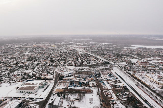 An aerial view of a business district.