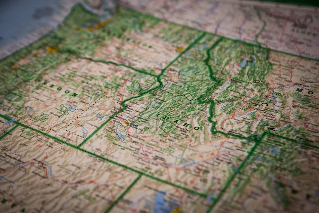 A physical map showing different countries and landmarks.