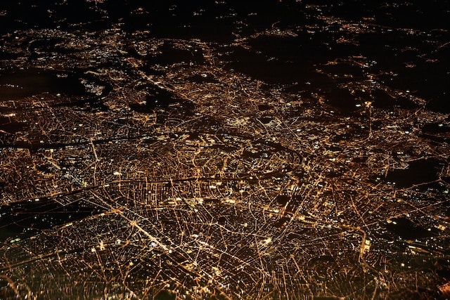 A satellite imagery of nighttime lights of a geographic region.