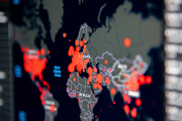 Geographic heat map of COVID-19 across the globe.