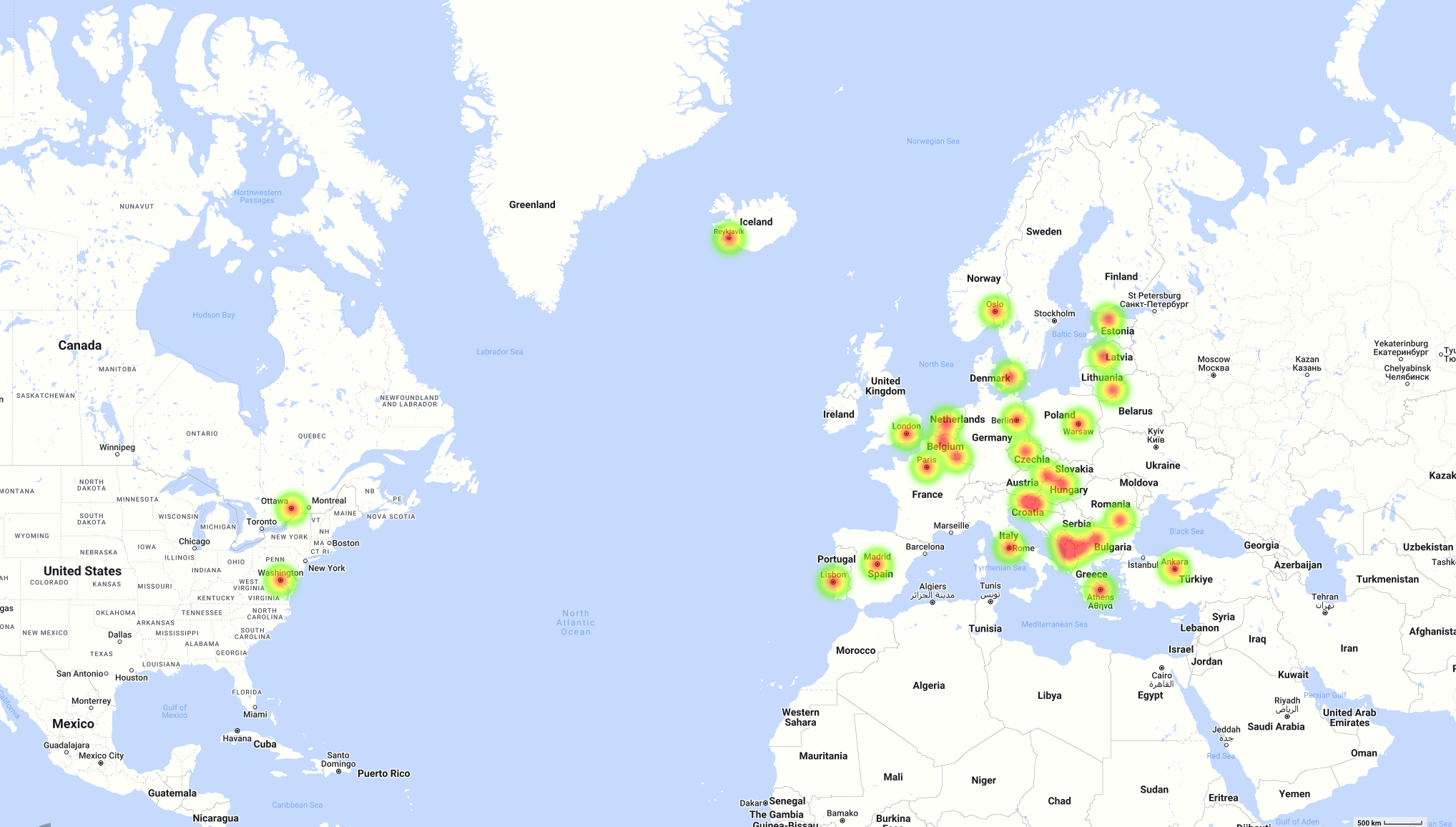 Heat map of NATO countries made with Mapize's heat map generator tool.