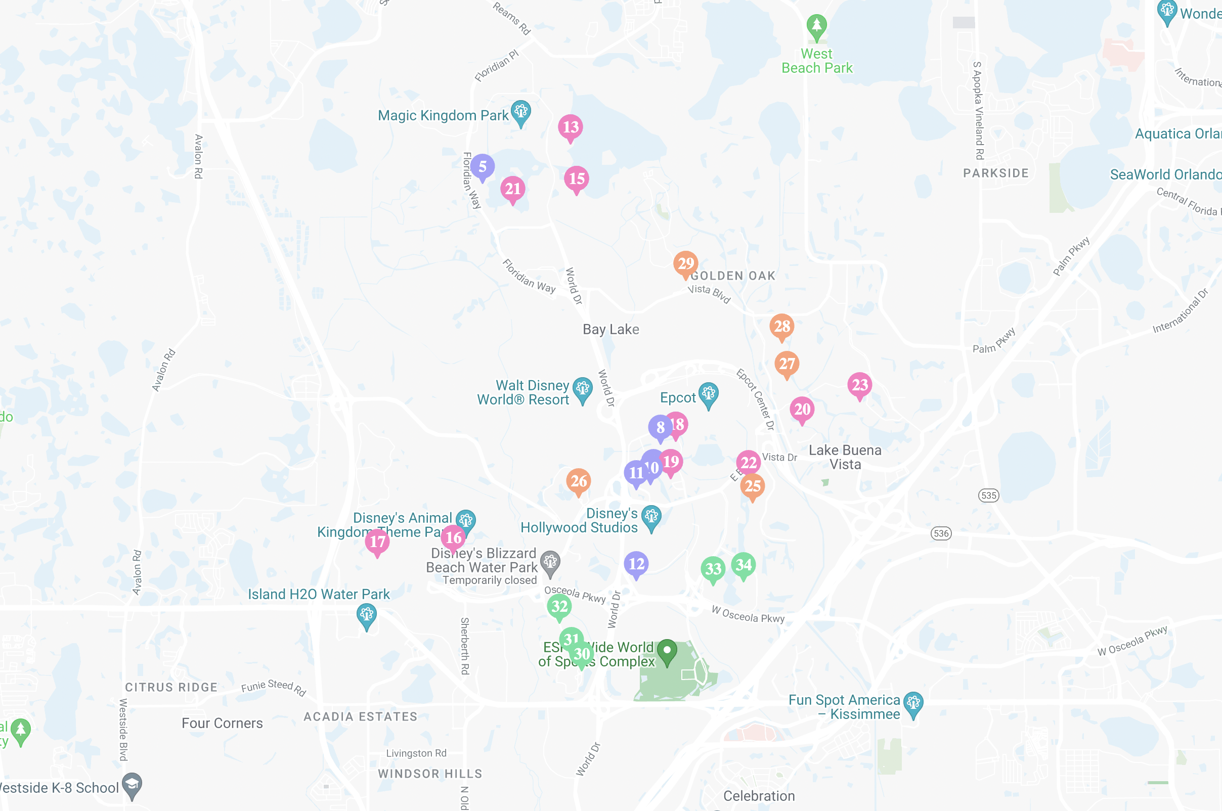 Example of a map with multiple locations featuring colorful pins of Disney World Resort locations created by Mapize.