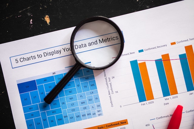 Magnifying glass and markers on paper with various Excel charts, graphs and data using conditional formatting.